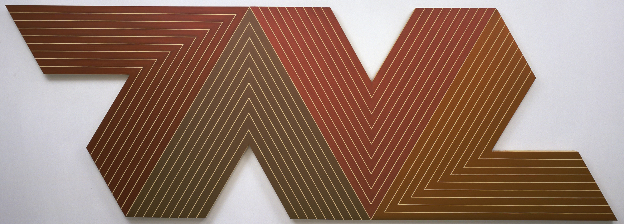 A geometric pattern with alternating rust red and brown hues forms a zigzag shape, outlined with parallel light beige lines. The image is set against a plain white background. This is an AI generated description. To give feedback, email ai@moma.org.
