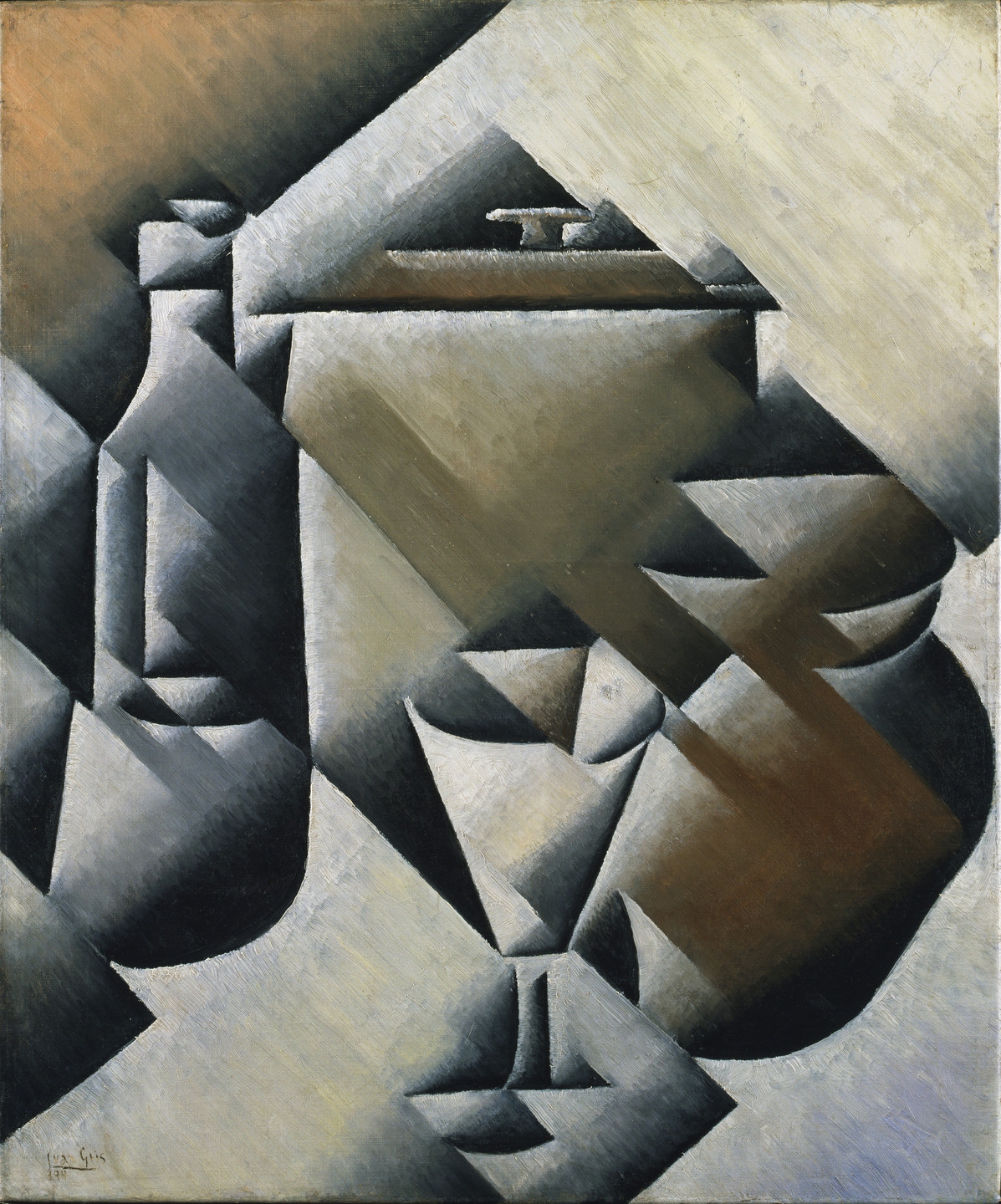 The image features geometric shapes forming a bottle, a glass, and a partially obscured dish, rendered in predominantly grey and brown hues. The background has intersecting light and dark areas creating a sense of depth. This is an AI generated description. To give feedback, email ai@moma.org.