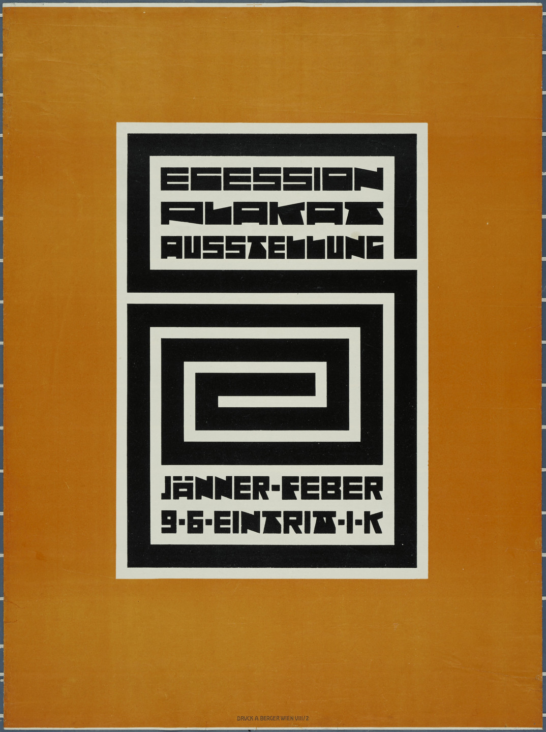 The image features a poster with a predominant orange background. It includes bold, black geometric text and patterns in the center, framed by white, with details of an event in German. This is an AI generated description. To give feedback, email ai@moma.org.