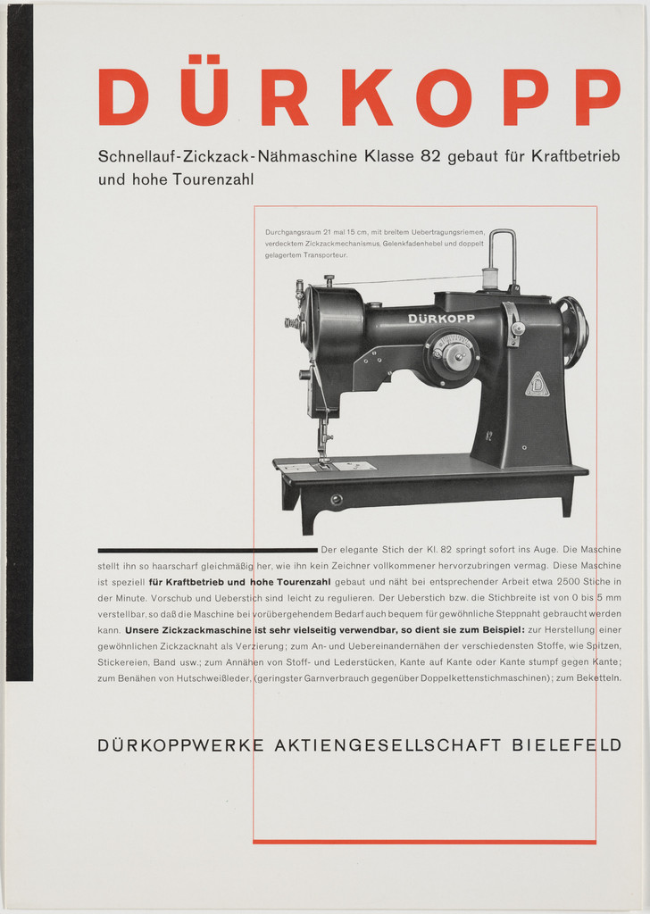Dürkopp, Schnellauf-Zickzack-Nähmaschine Klass 82 gebaut für Kraftbetrieb und hohe Tourenzahl