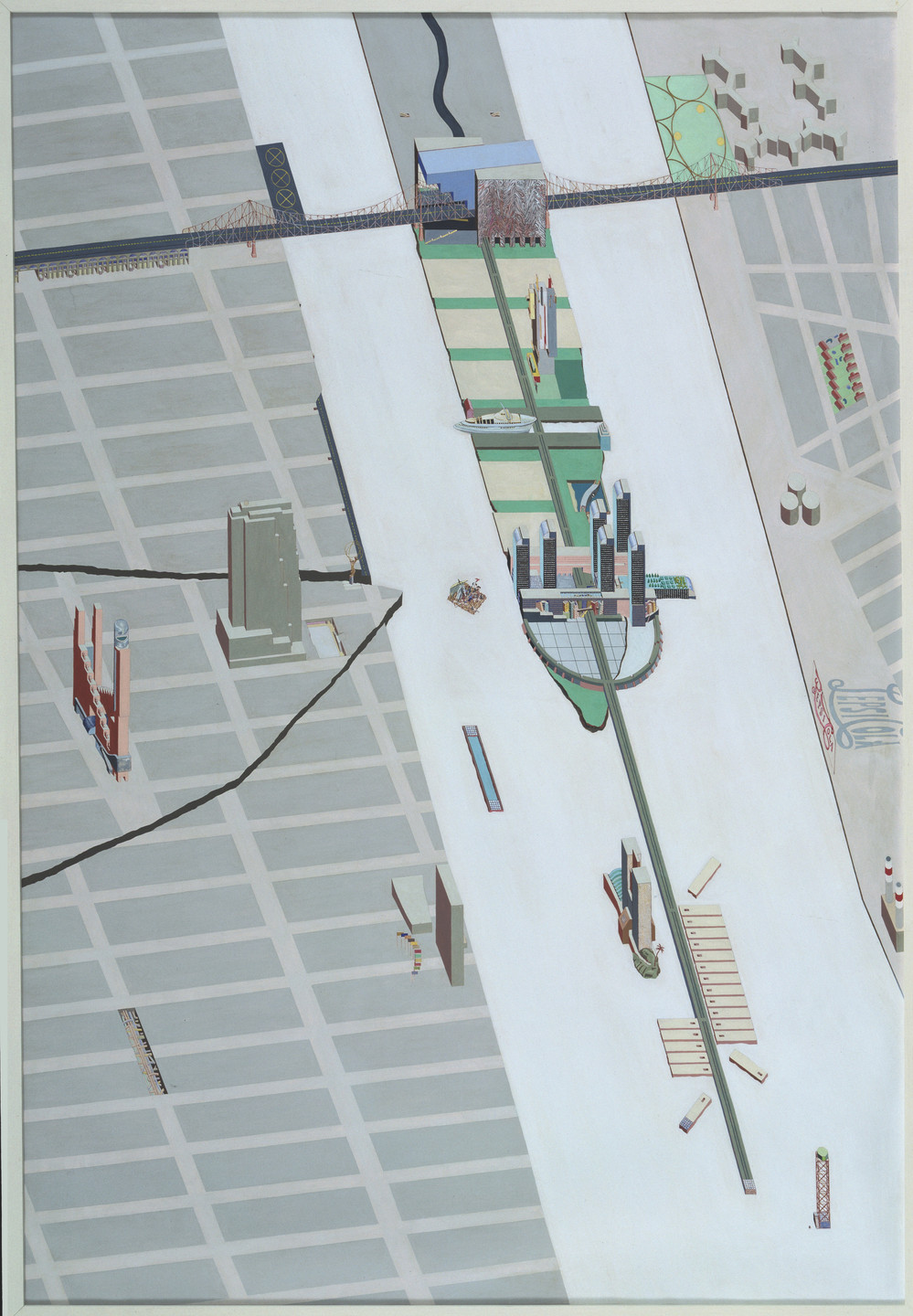 Rem Koolhaas, Zoe Zenghelis. New Welfare Island Project, Roosevelt Island, New York, NY (Aerial perspective). c. 1975-76
