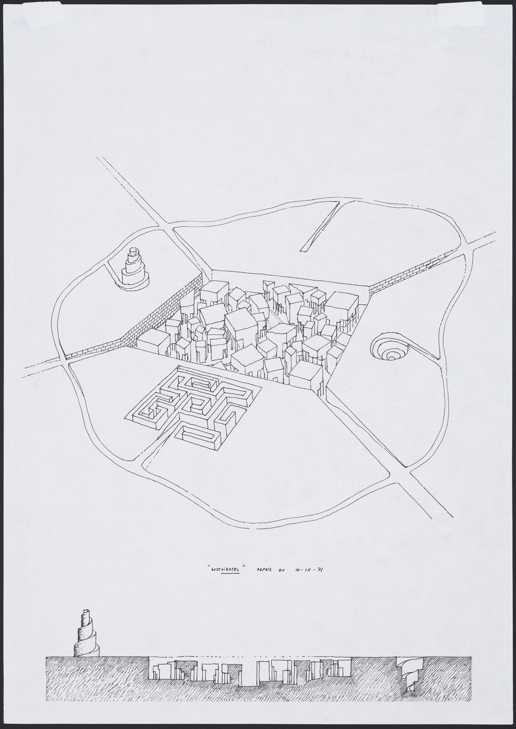 Leon Krier. Labyrinth City, project, Aerial perspective and section. 1971