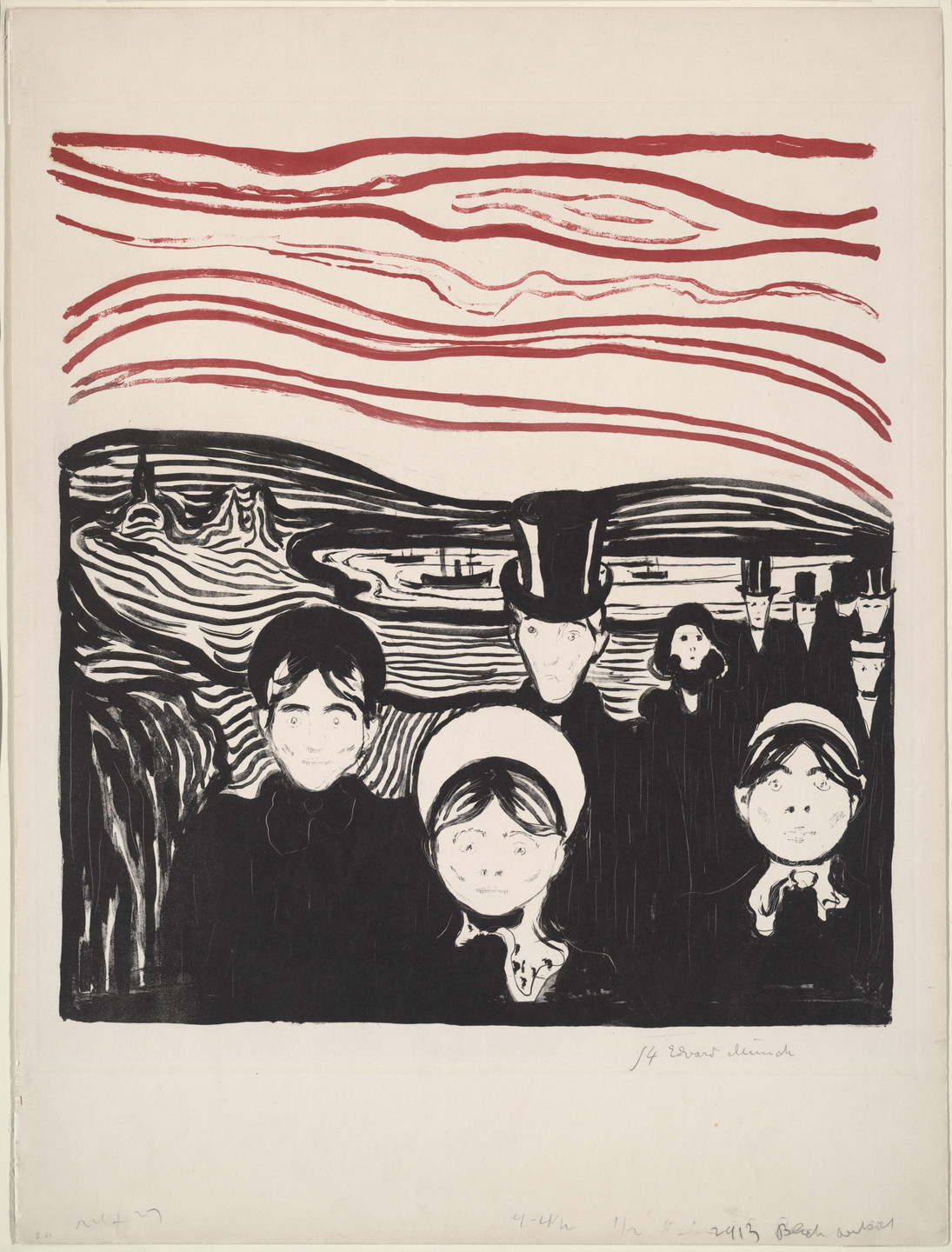 The image depicts a group of faces with solemn expressions, predominantly black and white with red wavy lines in the background. The horizon shows stylized landscapes and structures. This is an AI generated description. To give feedback, email ai@moma.org.