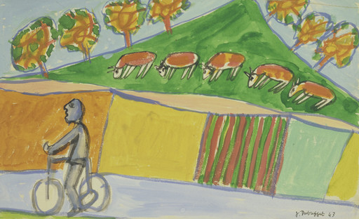 Cyclist with Five Cows