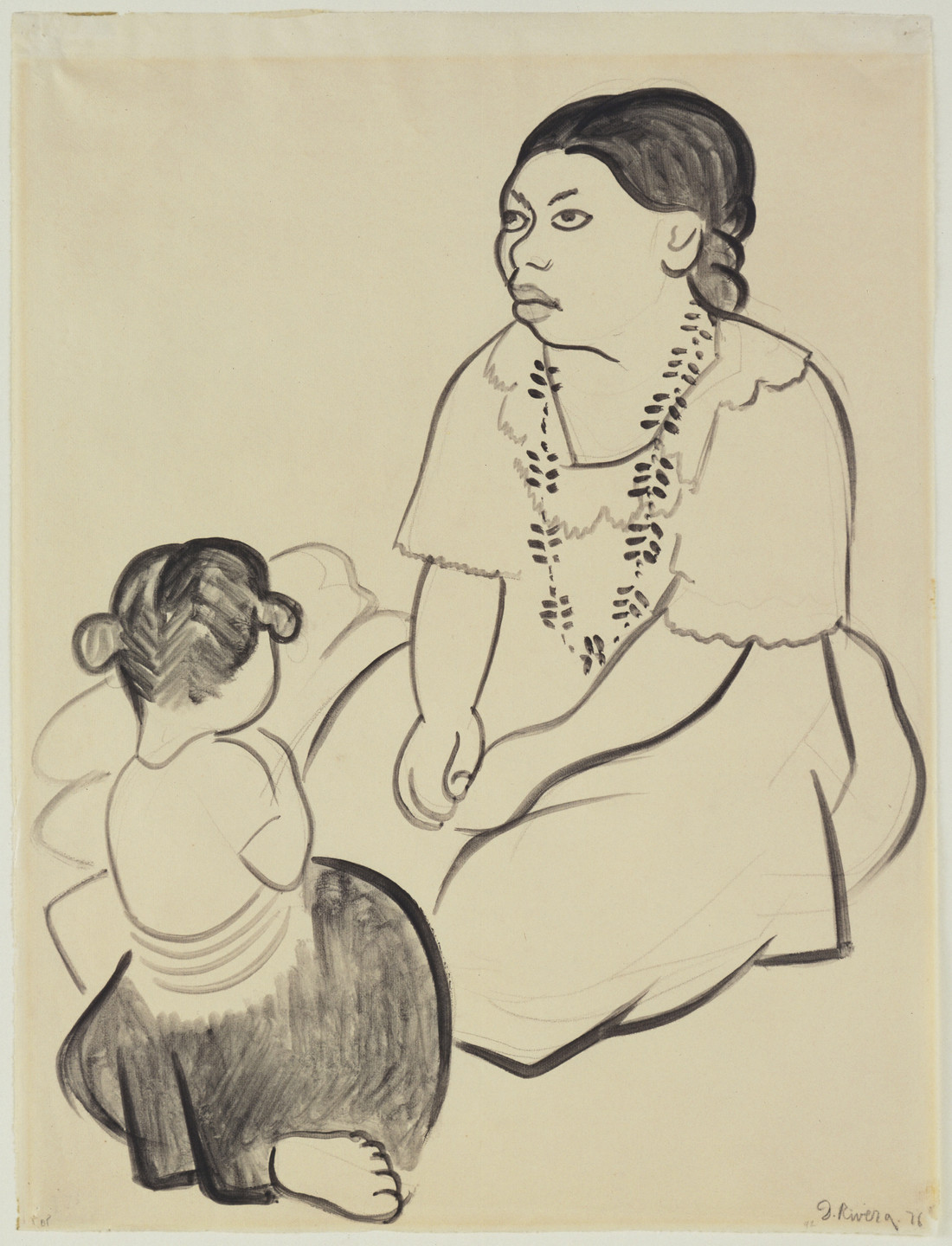 A black watercolor on offwhite background shows two figures--a mother and child--the mother at right on her knees facing the viewer, and the child, at left kneels with her back turned. This is an AI generated description. To give feedback, email ai@moma.org.