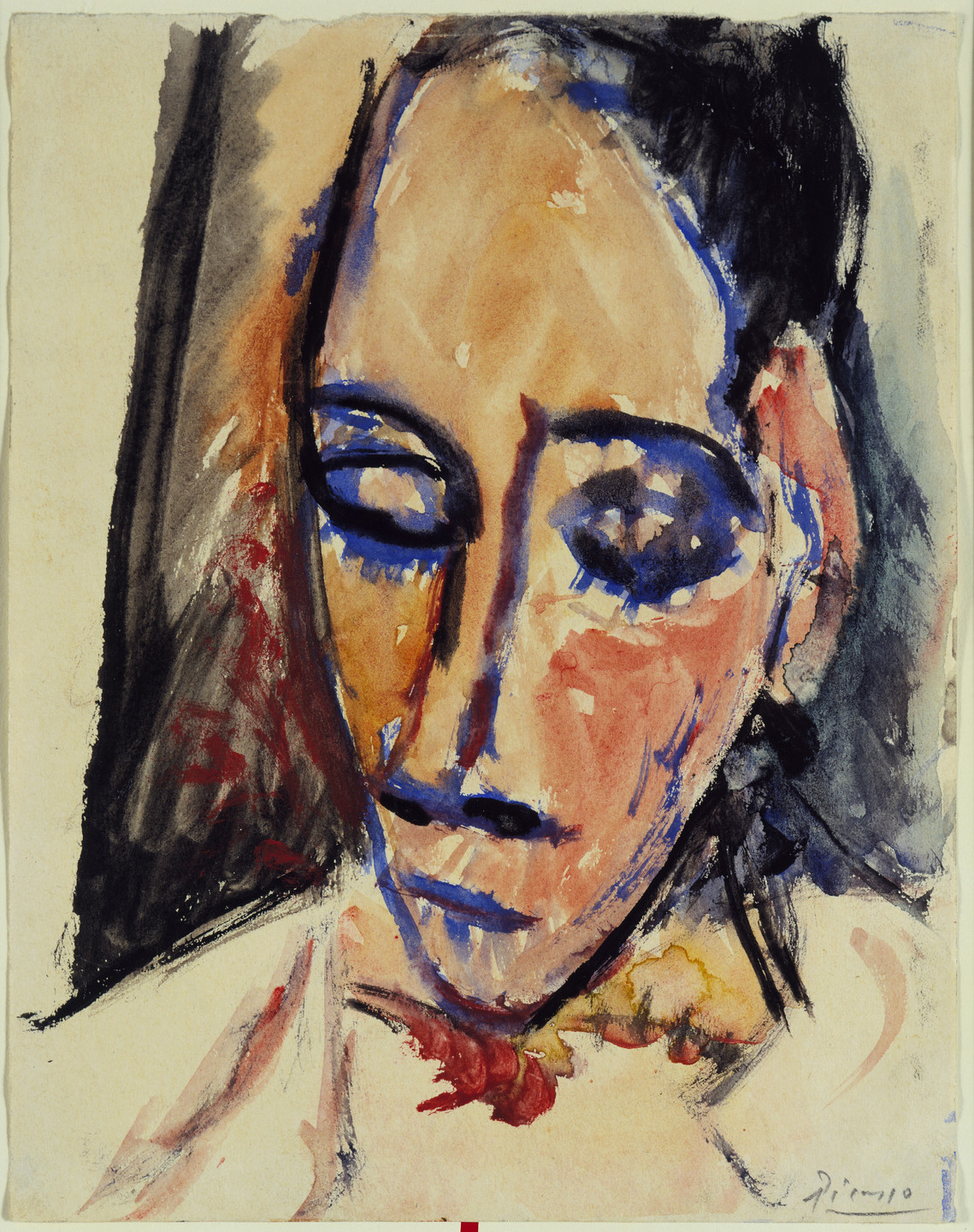 The image depicts a close-up of a person’s face with closed eyes, painted loosely in a mix of colors including blue, orange, and red. The background is largely dark with some light tones. This is an AI generated description. To give feedback, email ai@moma.org.