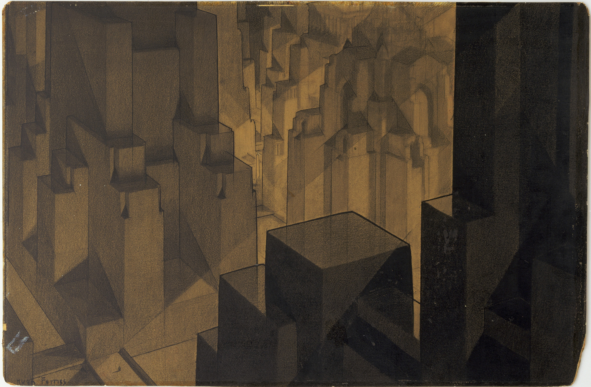 Hugh Ferriss. Buildings in the Modeling Project (Aerial perspective). 1924