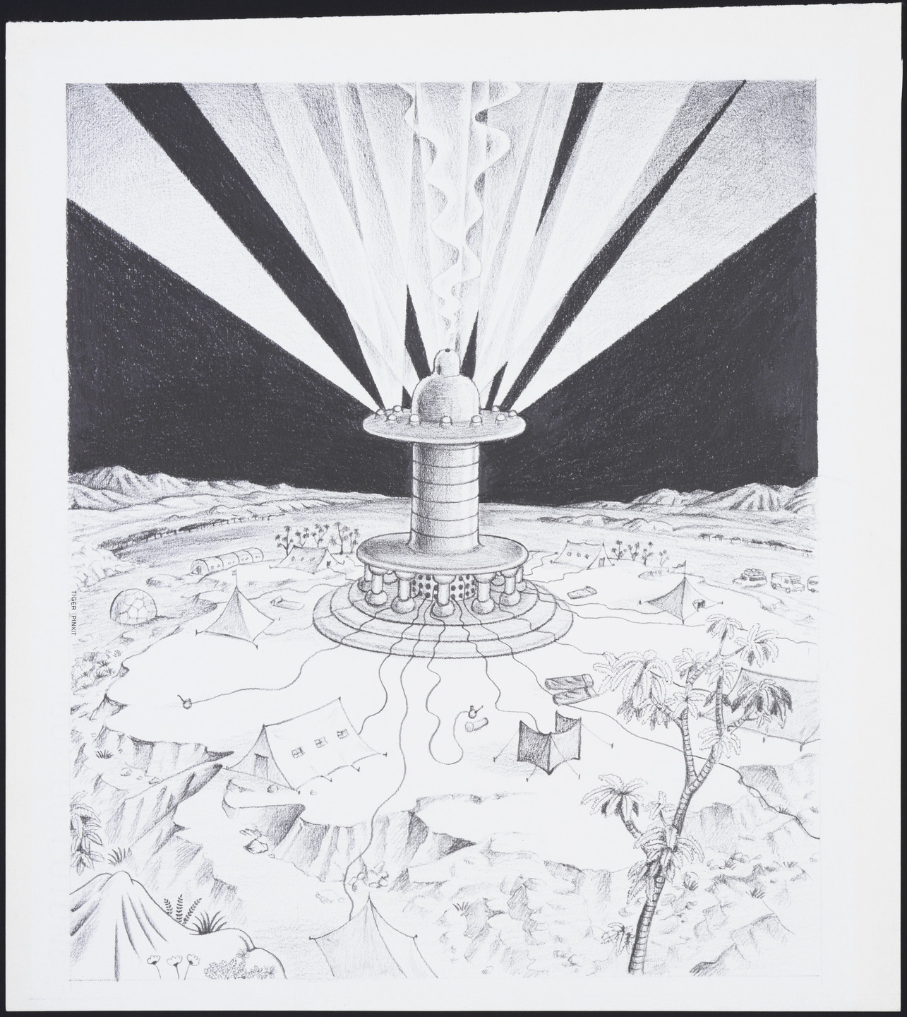 Ettore Sottsass. The Planet as Festival: Study for a Dispenser of Incense, LSD, Marijuana, Opium, Laughing Gas, project (Perspective). 1972–1973