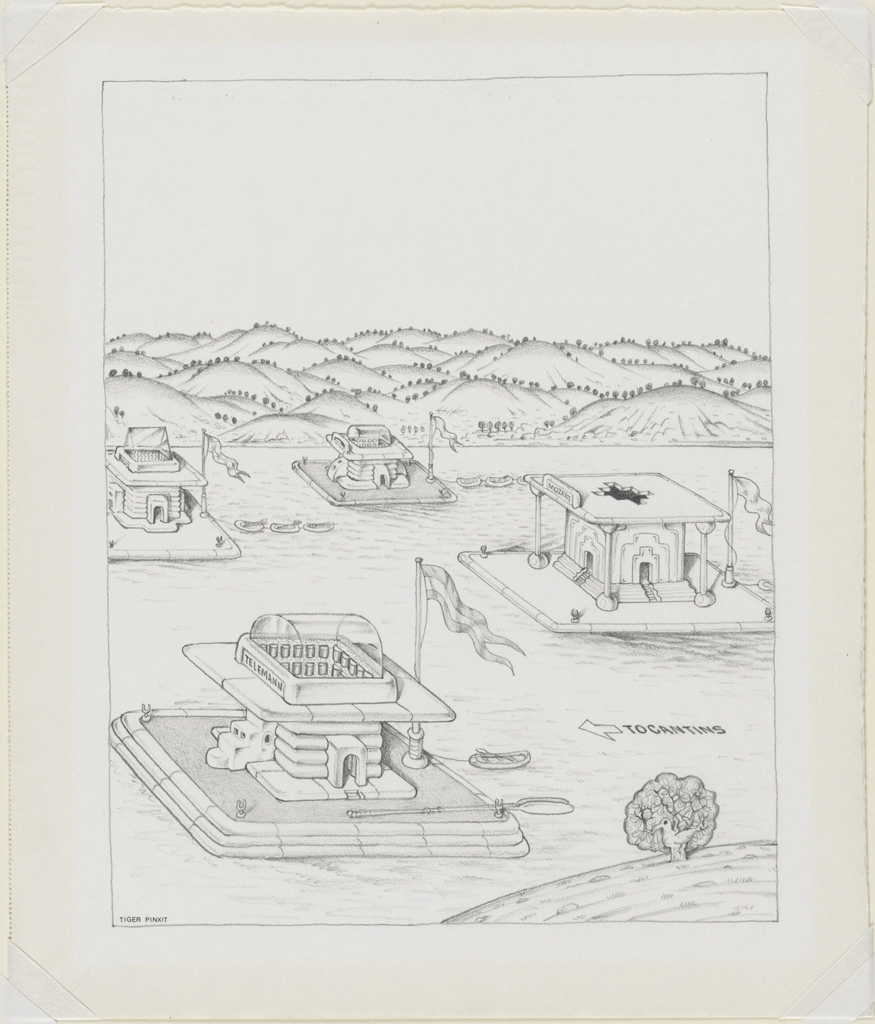 Ettore Sottsass. The Planet as Festival: Study for Rafts for Listening to Chamber Music, project (Perspective). 1972–1973