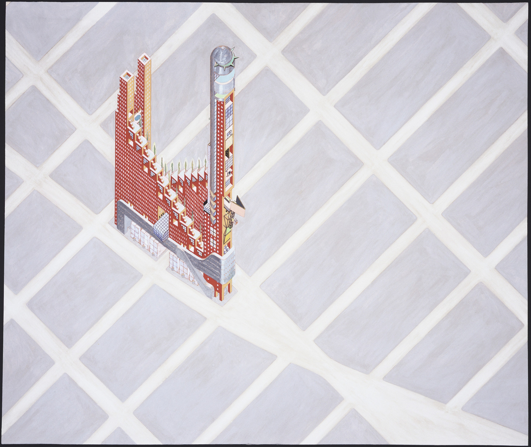 Elia Zenghelis, Zoe Zenghelis. Hotel Sphinx Project, New York, New York (Axonometric). 1975–1976