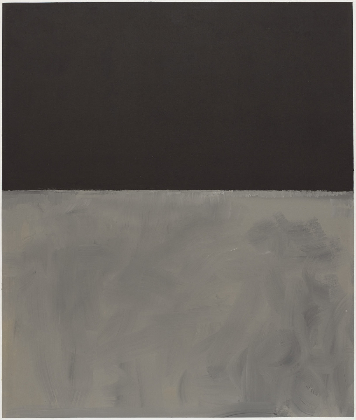 The image is divided into two horizontal sections; the top half is black, and the bottom half is a textured, brush-stroked gray. The two sections meet at a straight, horizontal line across the middle. This is an AI generated description. To give feedback, email ai@moma.org.