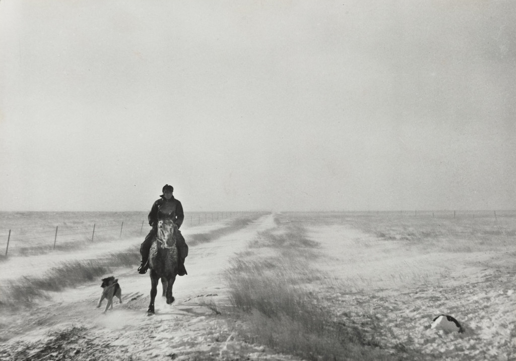 Riding Out to Bring the Cattle, First Stages of Snow Blizzard, Lyman County South Dakota, (Rider in the Snow), John Vachon, 1940