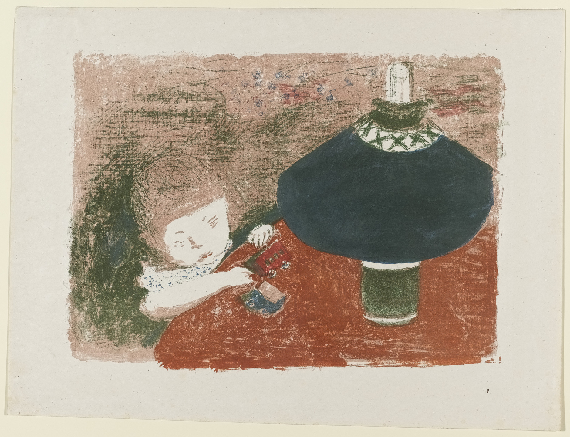 A figure with short hair is leaning on a red table next to a tall lamp with a dark blue shade. The background consists of muted brown and green tones with hints of scattered lines and shapes. This is an AI generated description. To give feedback, email ai@moma.org.