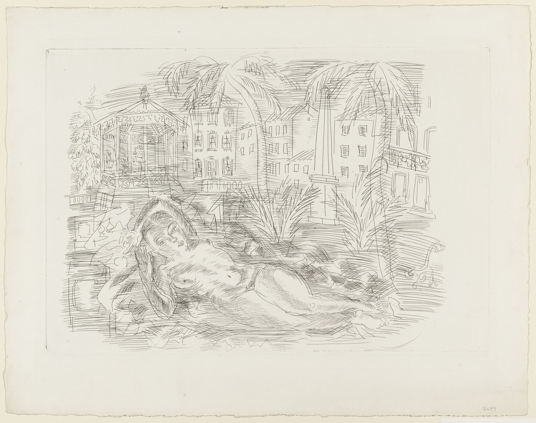 Raoul Dufy. Nude Resting Under the Palm Trees with the Riviera in the Background. (c. 1930)