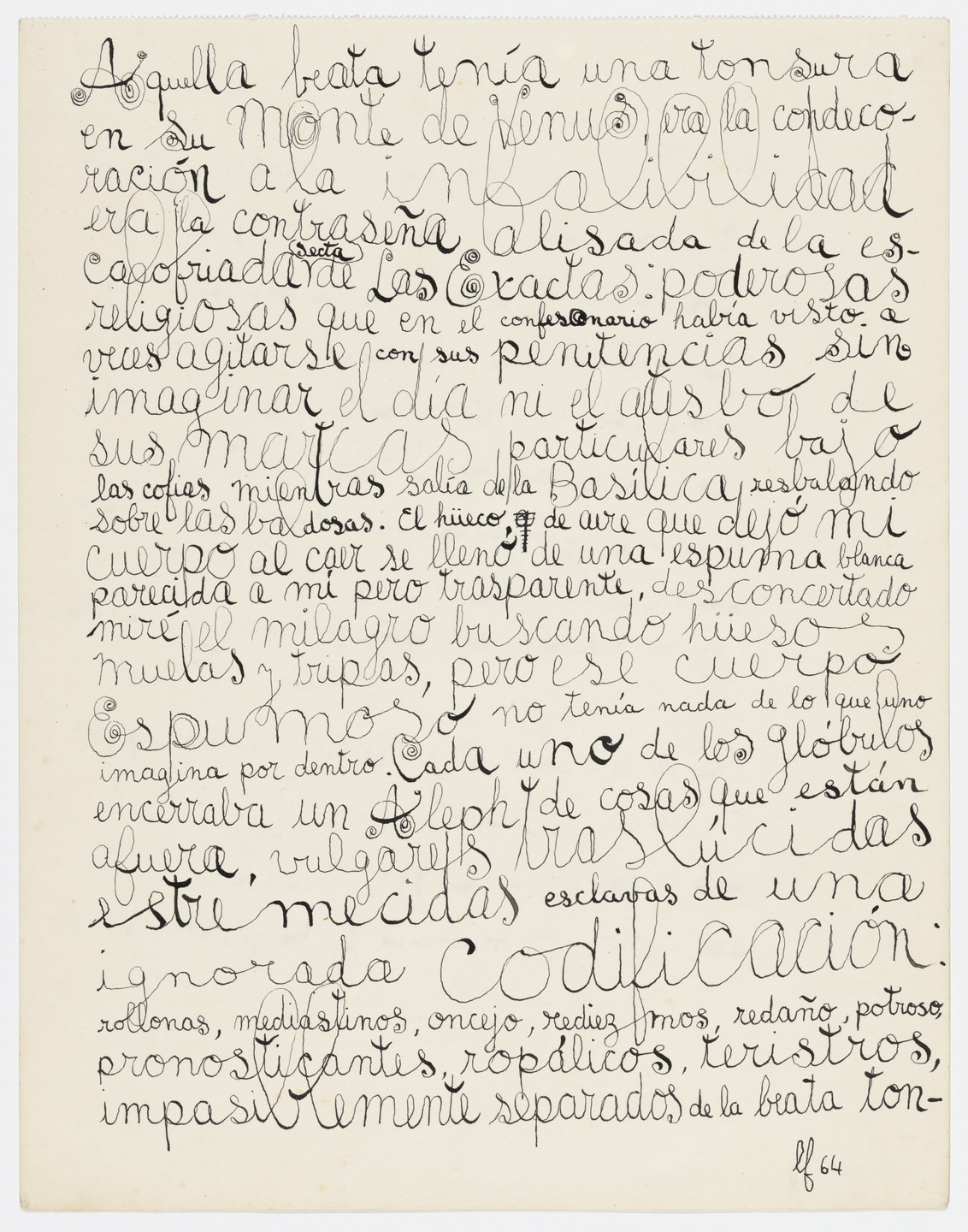 A handwritten page filled with text in varying black ink styles and sizes, combining cursive and printed lettering. There are some artistic flourishes in the text, such as curly letters and decorative loops. This is an AI generated description. To give feedback, email ai@moma.org.
