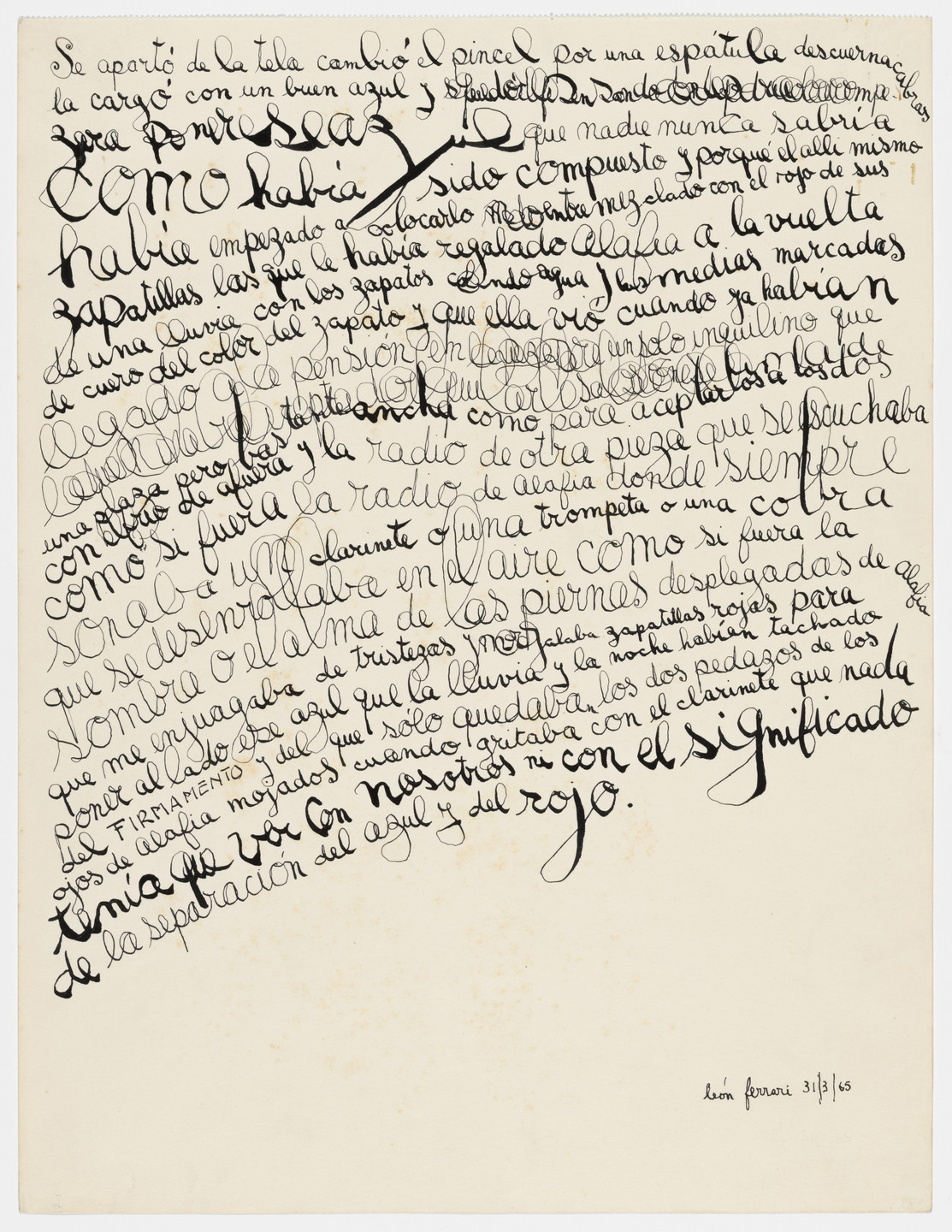 A white page filled with handwritten, cursive text in varying sizes and angles, predominantly in black ink with occasional words in red and blue. The writing appears dense and overlaps in some areas, creating a visually chaotic composition. This is an AI generated description. To give feedback, email ai@moma.org.