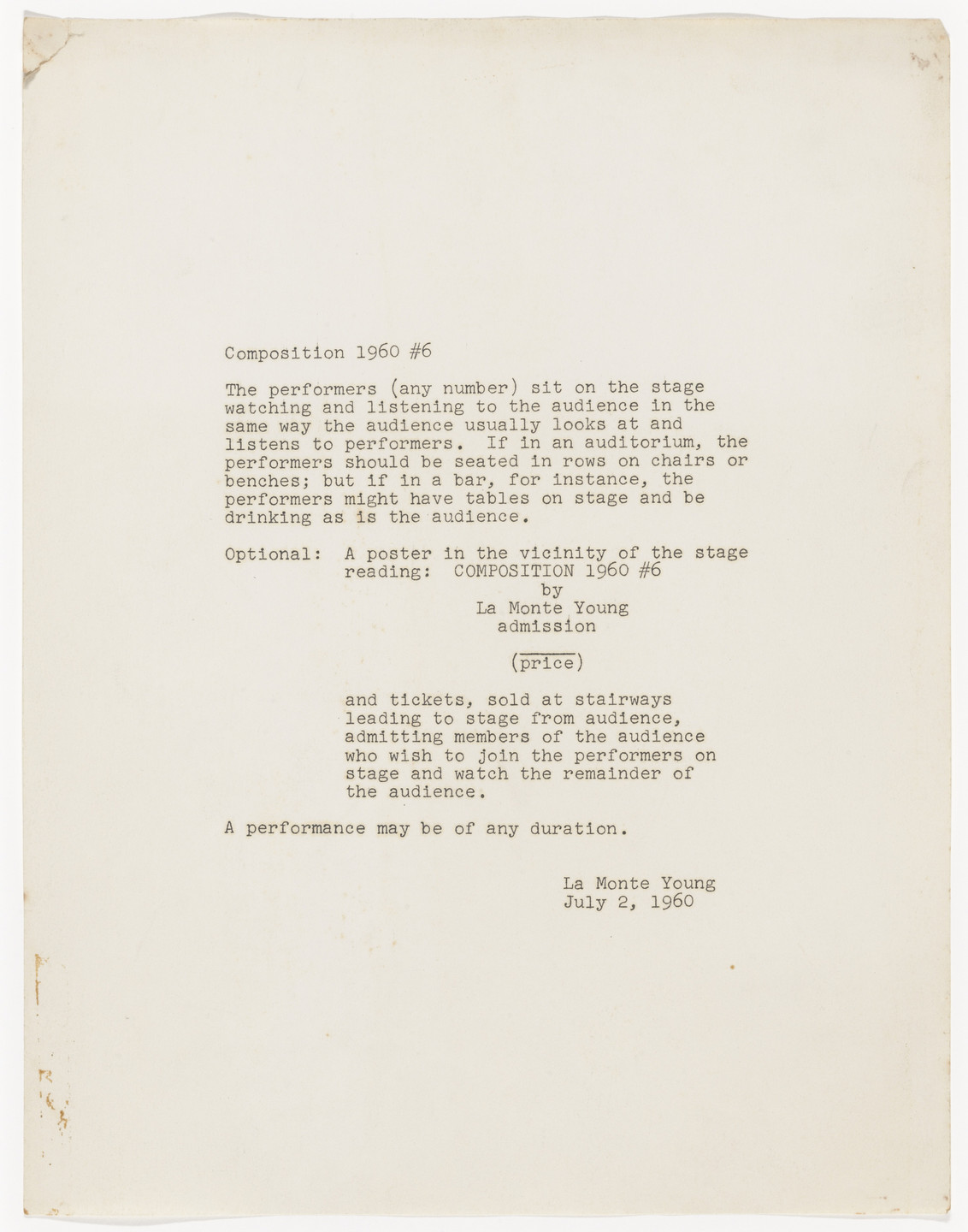 La Monte Young. Composition 1960 #6. 1960