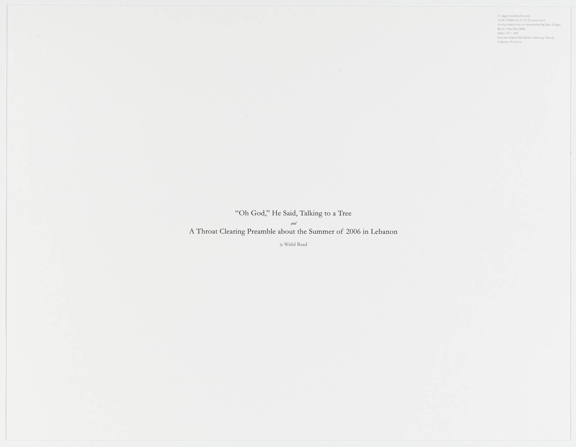 Walid Raad. Title page from Oh God, he said, talking to a tree. 2004/2008