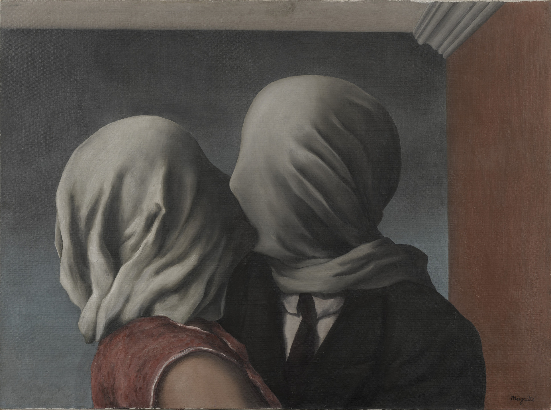 Two figures with white cloth covering their heads are in an embrace, one wearing a dark suit and the other a red garment. The background is a mix of dark blue and gray tones. This is an AI generated description. To give feedback, email ai@moma.org.