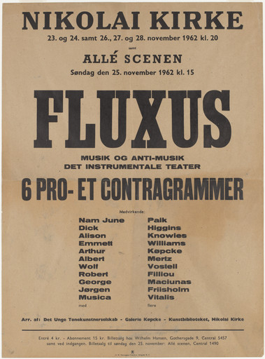 Designer Unidentified. Poster for Fluxus Musik og Anti-Musik Det Instrumentale Teater, Nikolai Kirke, Copenhagen, Denmark, November 23-24; 26-28, 1962. 1962