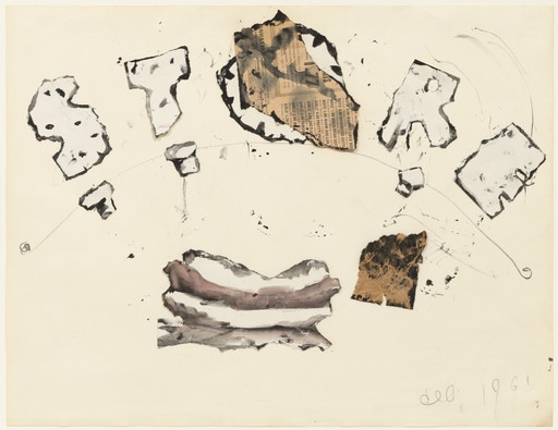Claes Oldenburg. Store Poster, Torn Out Letters, Newspaper. Pie, Cup Cakes and Hot Dog. 1961