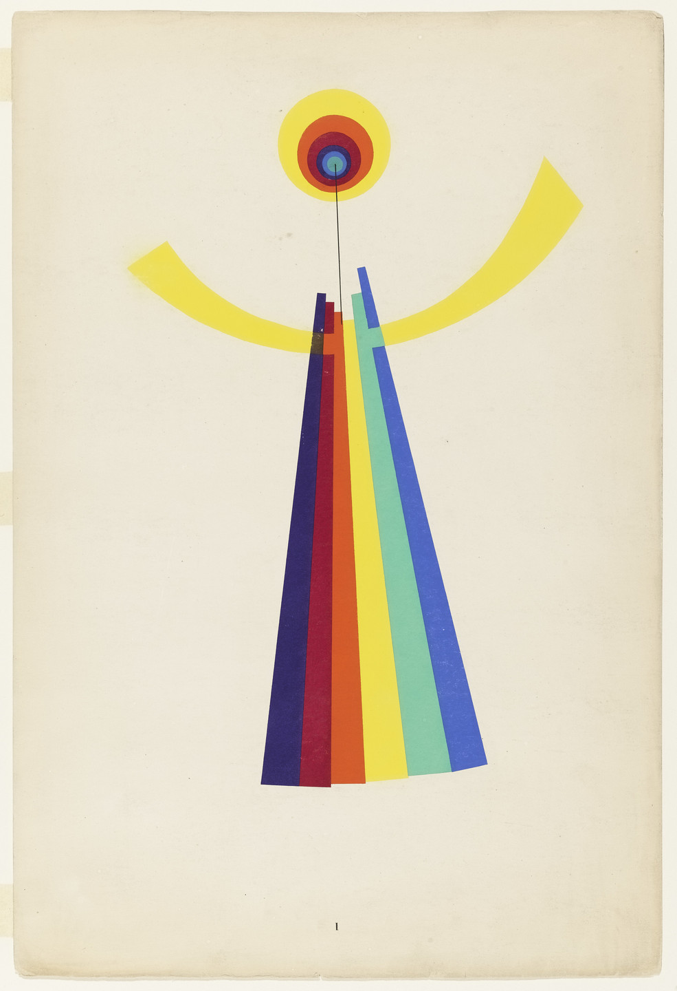 The image features a tall, multicolored triangular shape with vertical red, orange, yellow, green, blue, and purple stripes on a beige background. Above the triangle is a yellow arc and a bullseye with yellow, orange, red, blue, and black concentric circles. This is an AI generated description. To give feedback, email ai@moma.org.