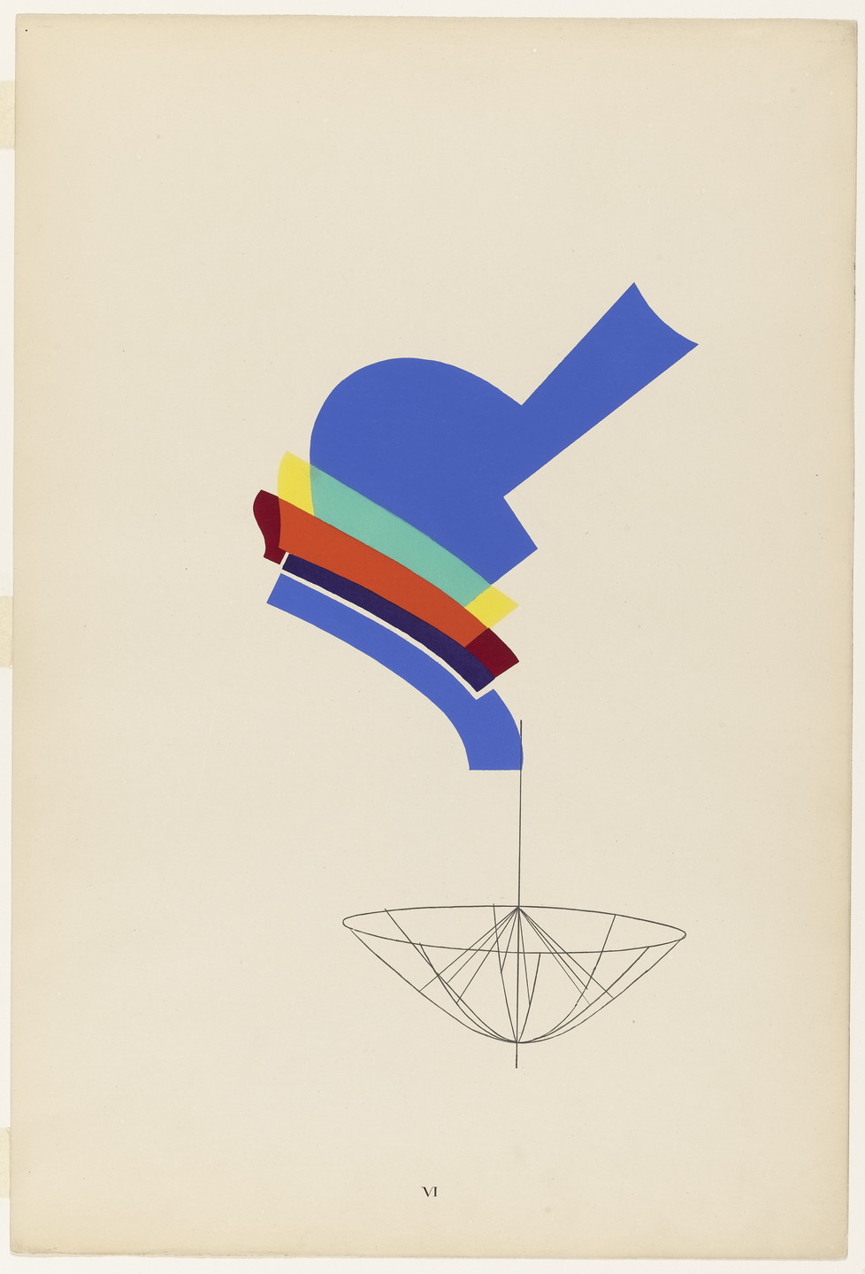 Brightly colored shapes, including blue, green, yellow, red, and orange, form a layered structure above a geometric wireframe-like base. The background is plain beige. This is an AI generated description. To give feedback, email ai@moma.org.