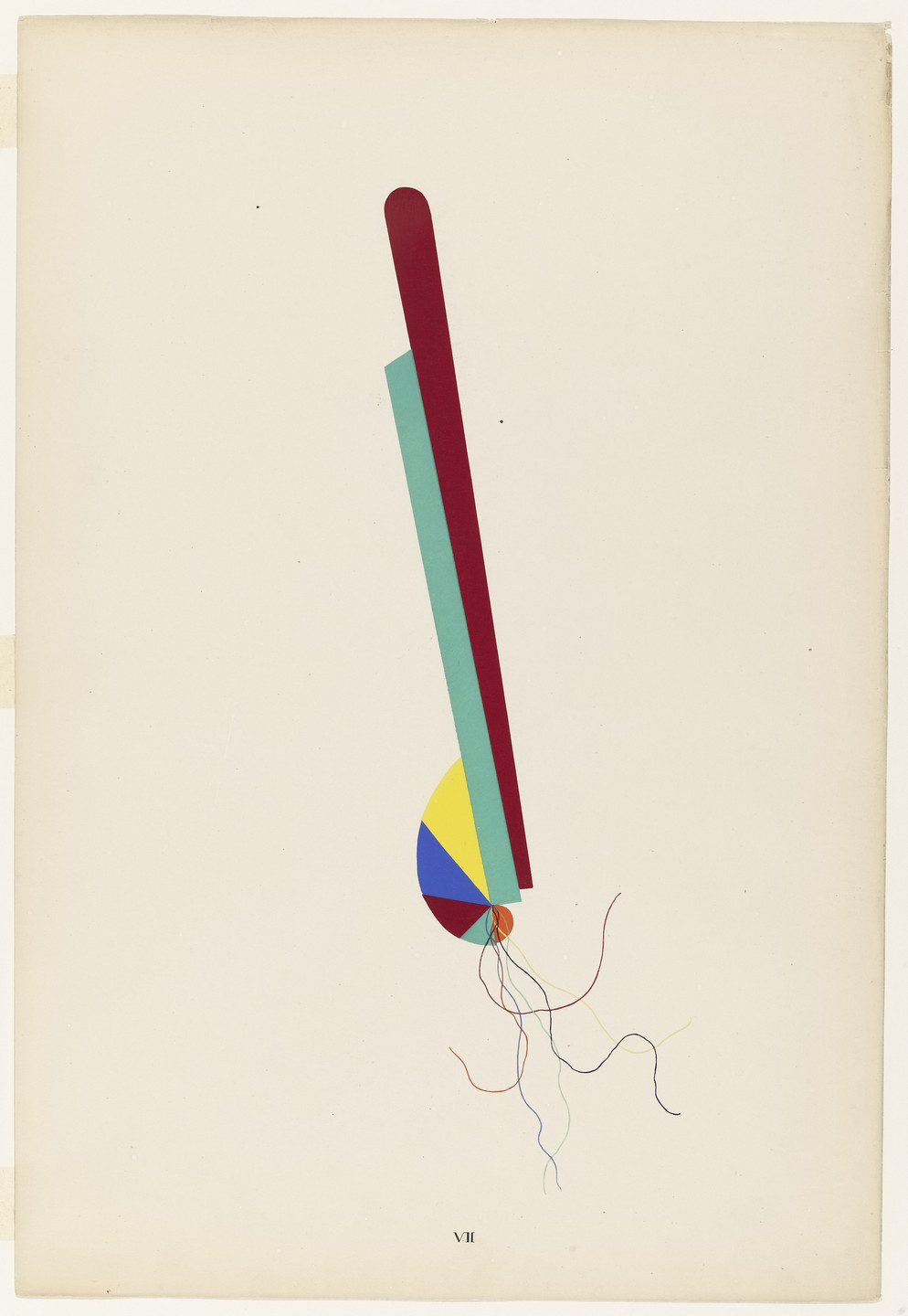 The image shows a white background with a vertical maroon bar overlapping a teal bar. At the bottom, there&#39;s a colorful segment, mostly blue, yellow, and red, with strings extending from it. This is an AI generated description. To give feedback, email ai@moma.org.