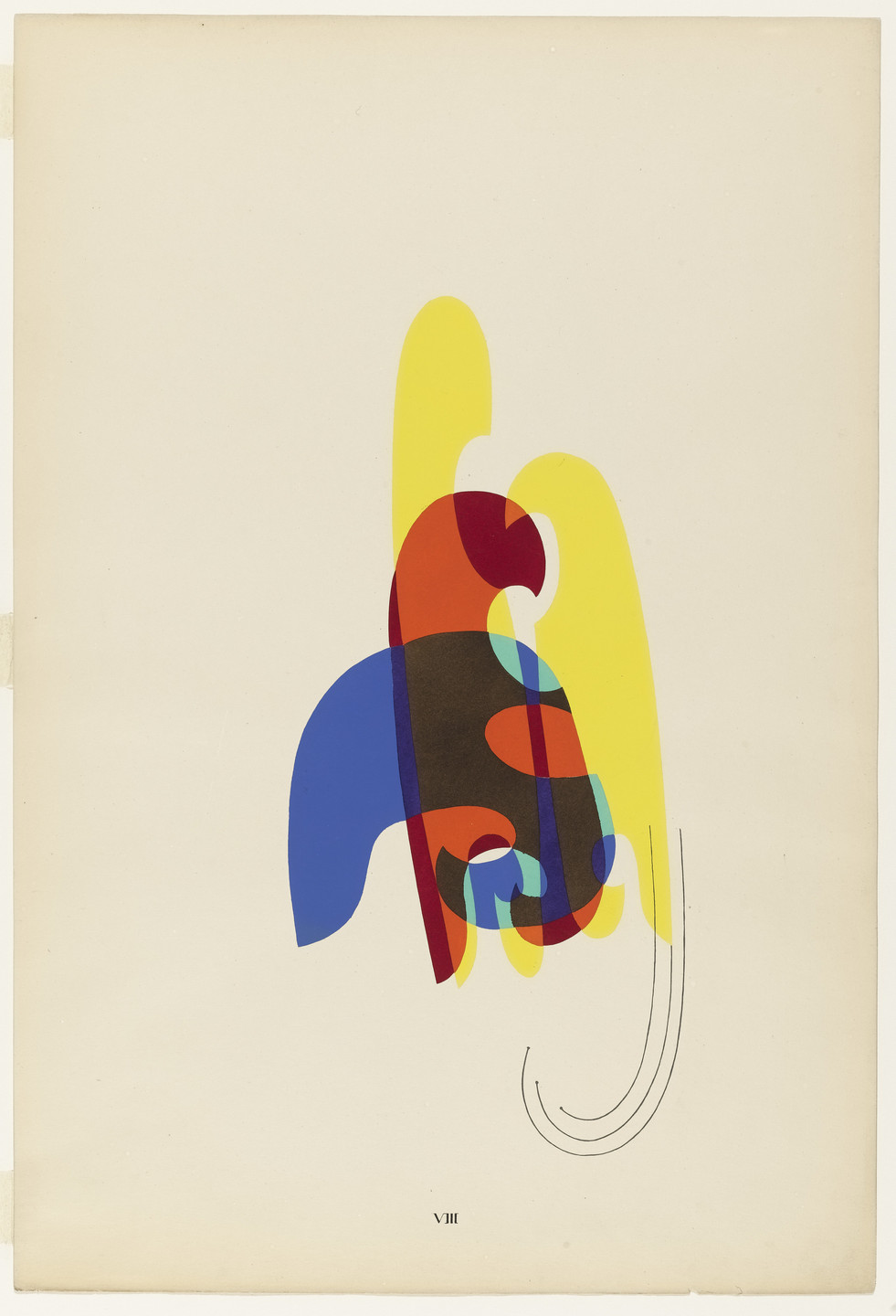 The image displays layered, overlapping shapes in blue, red, yellow, and brown on a cream background. The shapes include curved lines and oblong forms, with some thin, arcing lines at the lower right. This is an AI generated description. To give feedback, email ai@moma.org.