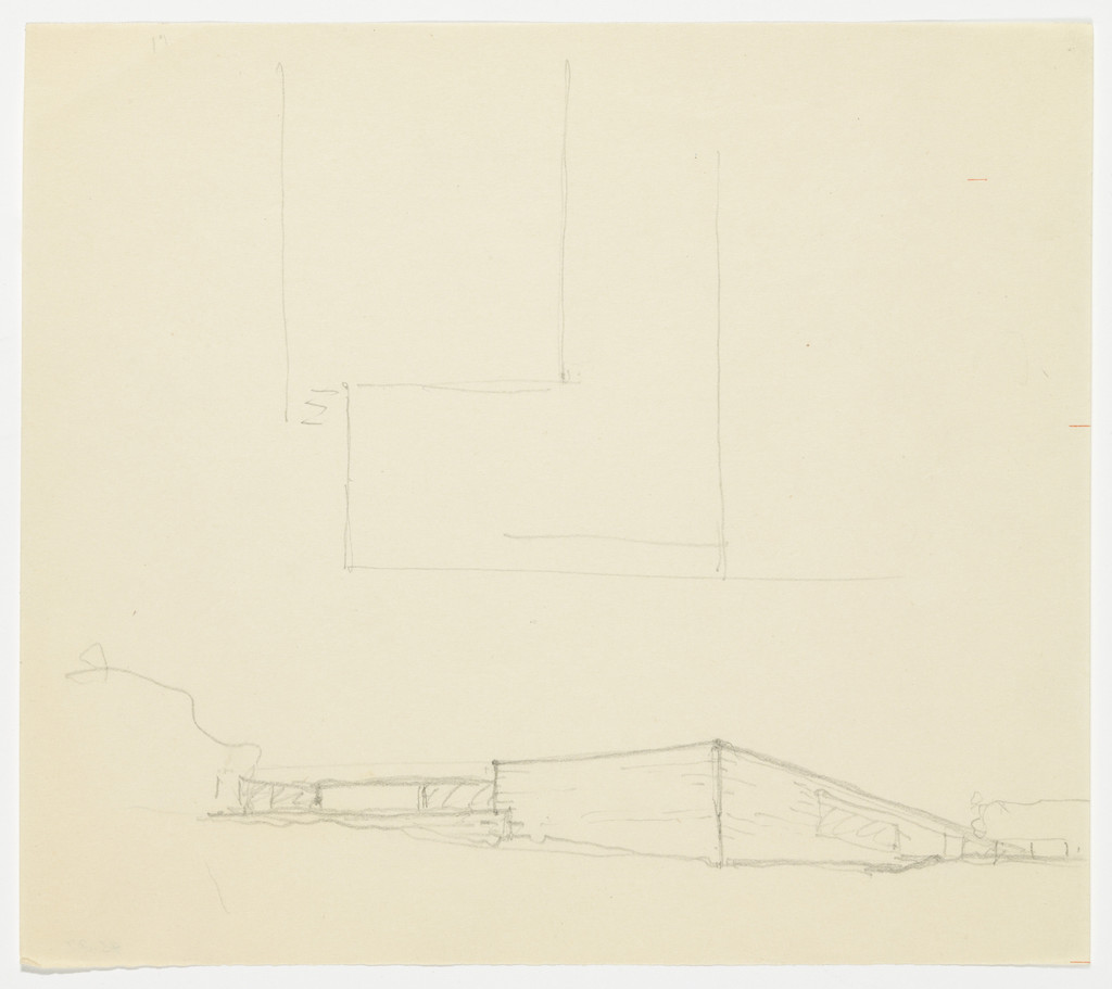 Mountain House Project, no intended site known (possibly Merano, South Tyrol, Italy) (Plan and perspective sketch)
