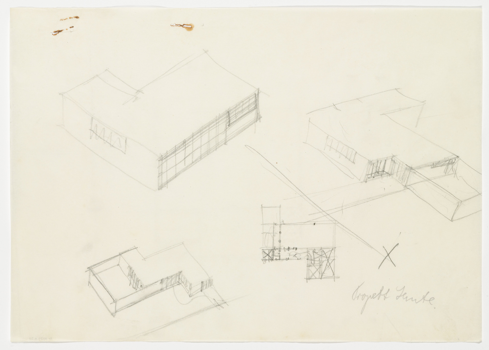 Ludwig Mies van der Rohe. Lemke House, Berlin, Germany
Three aerial perspective sketches. One plan
