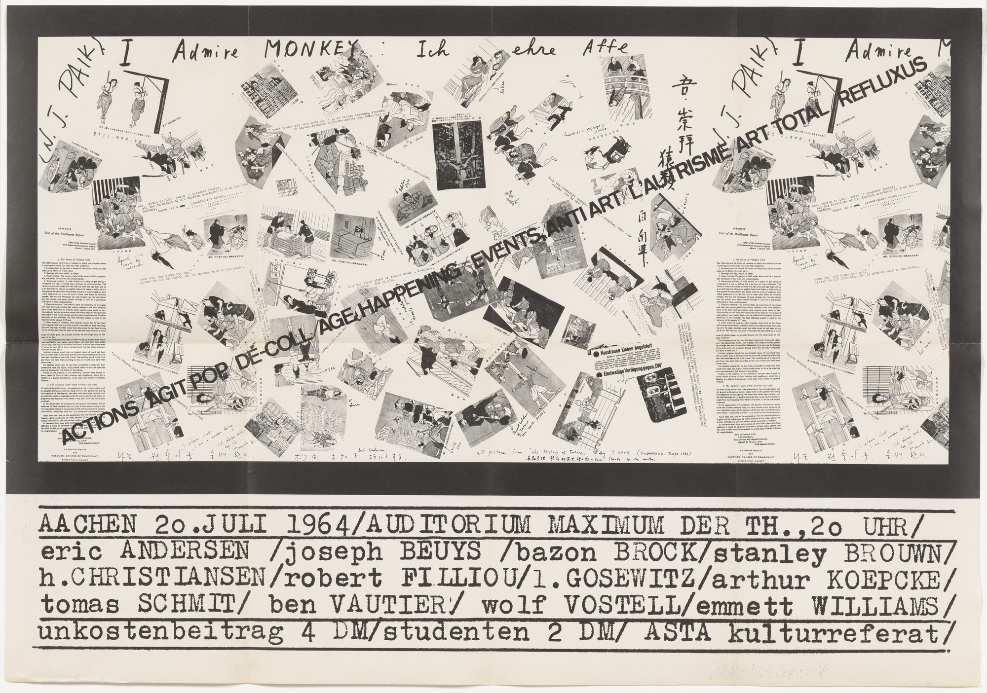 Nam June Paik. Poster for Actions/Agit Pop/Dé-Coll/Age Happening/Events/Anti Art/L&#39;Autrisme/Art Total/Refluxus, Auditorium Maximum, Aachen, Germany, July 20, 1964. 1964