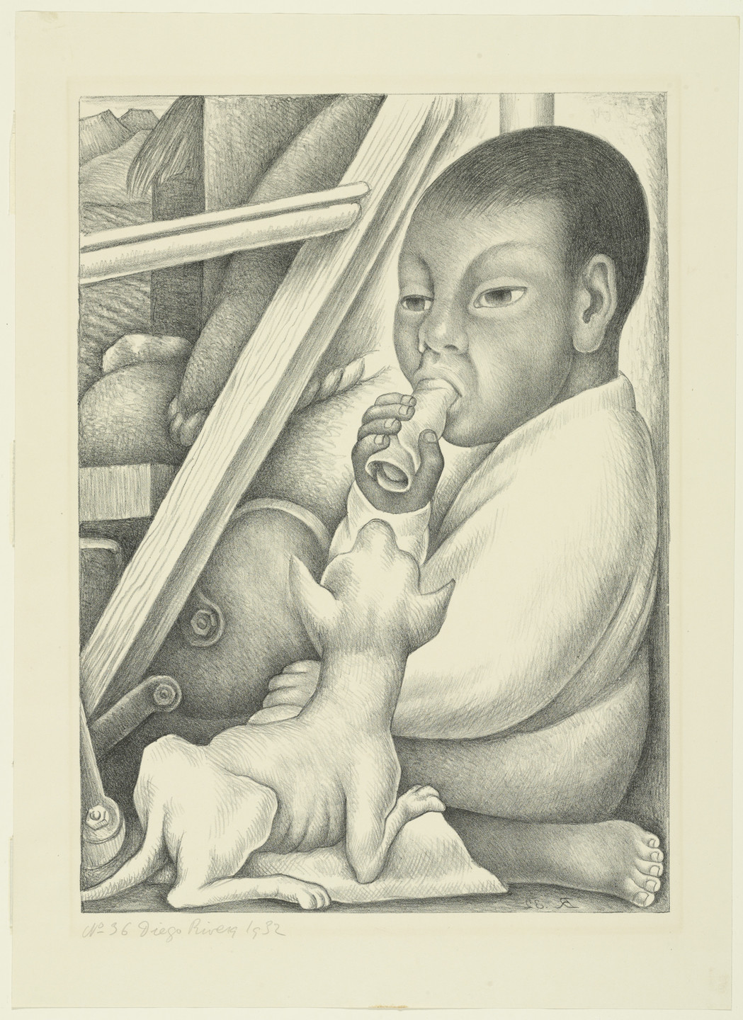 A child sucking on a toy lays on their side while a small dog stands with front paws on the child. Predominant colors are shades of gray with detailed pencil shading throughout. This is an AI generated description. To give feedback, email ai@moma.org.