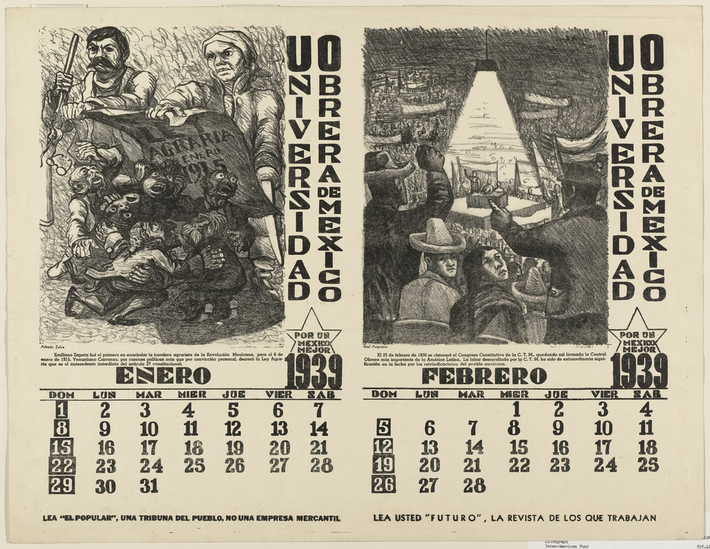 Calendar sheet for the Worker's University of Mexico (Universidad Obrera de Mexico)