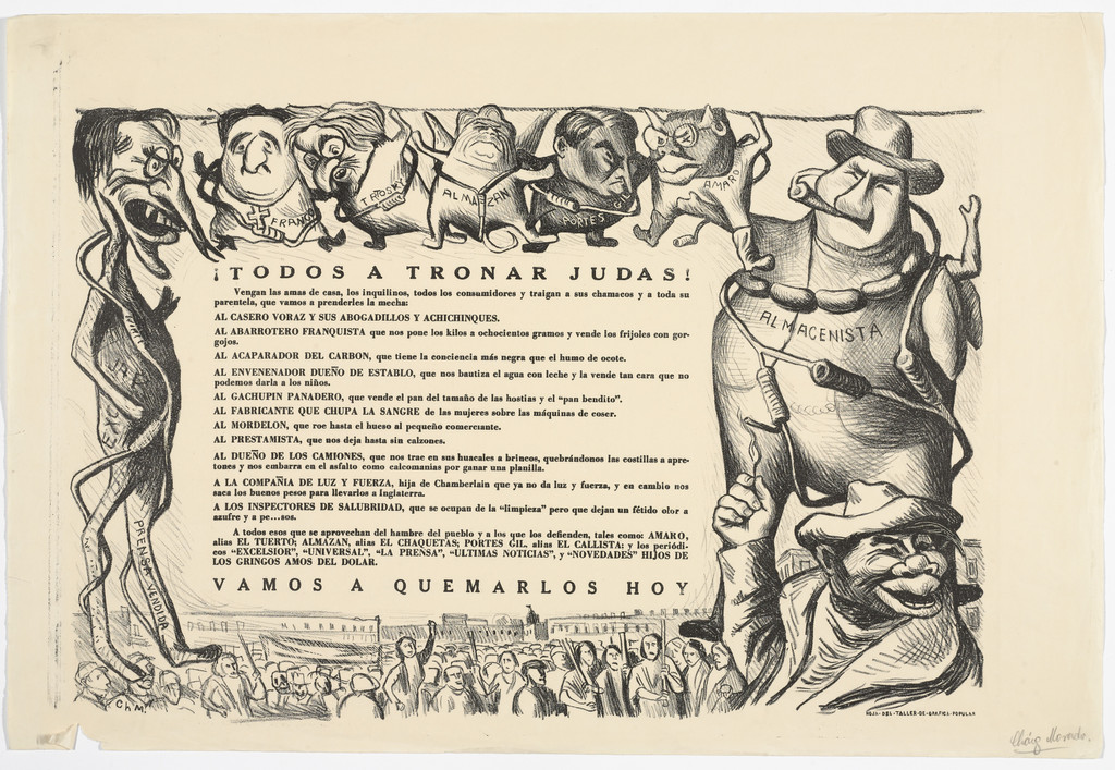 ¡Todos a tronar Judas! A todos esos que se aprovechen del hambre del pueblo y a todos los que los defienden, tales como Amaro... Almazán... Portes Gil... y los periódicos... hijos de los Gringos, amos del dólar. ¡Vamos a quemarlos hoy!