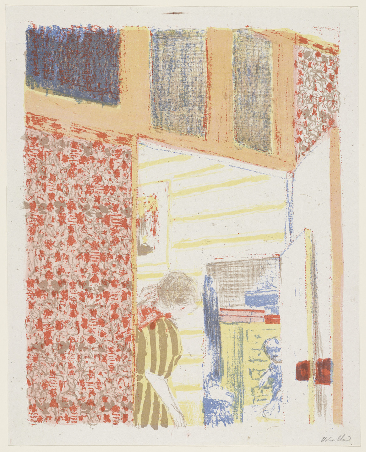 A person stands in a room, leaning their head down. The scene features predominant colors of red, yellow, blue, and beige, with patterns on the walls and an open door revealing more patterned textures inside. This is an AI generated description. To give feedback, email ai@moma.org.