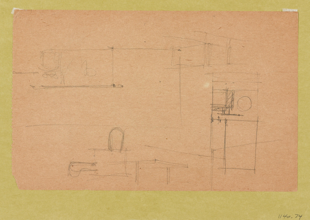 Unknown Building (recto). Unknown Building. Chair with arms (verso). (Plan, elevation and perspective sketches)