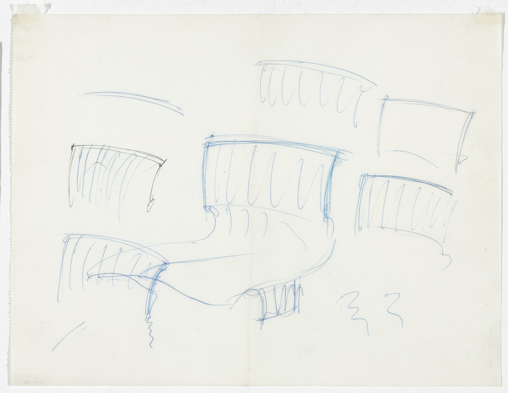 Conchoidal Chair without Arms (Perspective and elevation sketches)