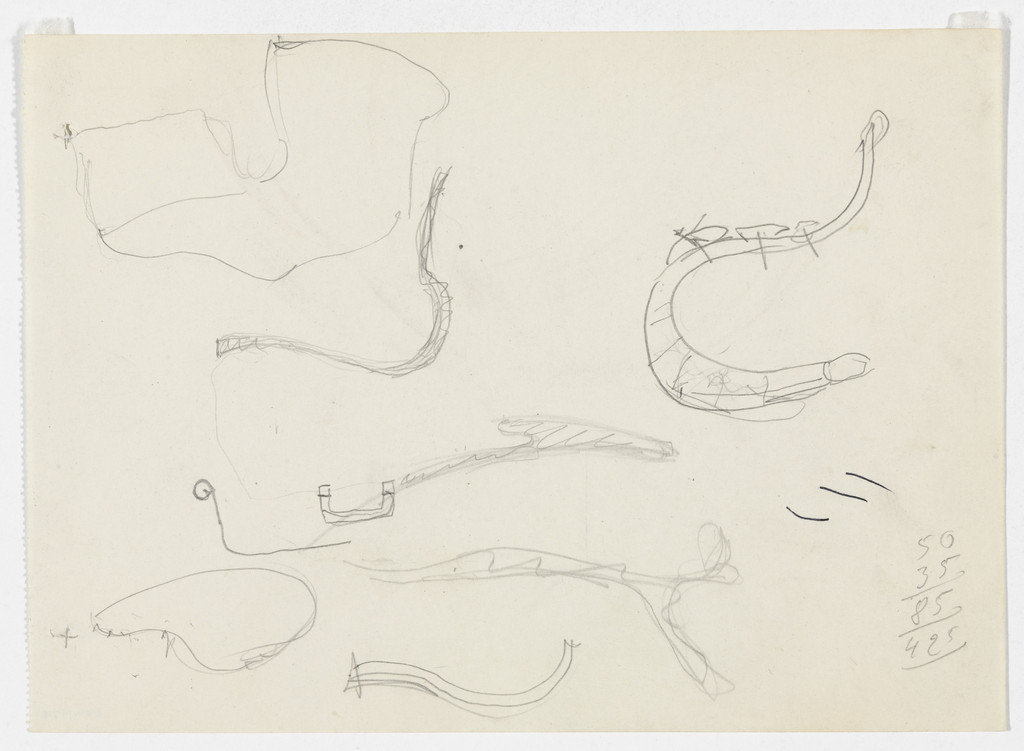 Conchoidal Chair. Seat details. (Elevation, section and perspective sketches)
