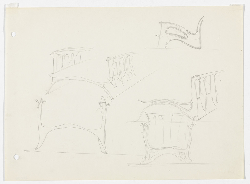Conchoidal Chair with Arms (Perspective and elevation sketches)