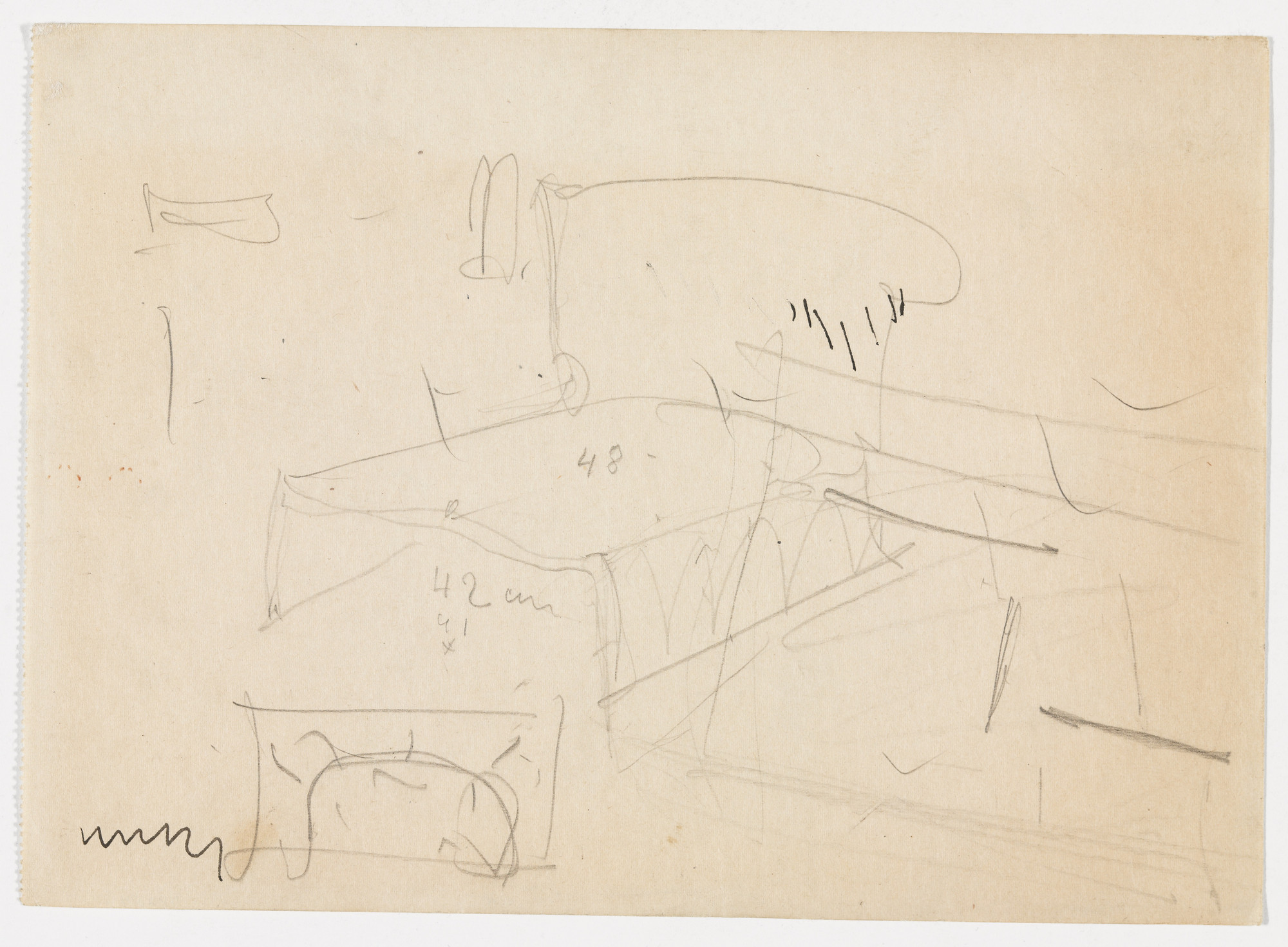 Ludwig Mies van der Rohe. Conchoidal Chair, Perspective sketch. Partial elevation sketch.