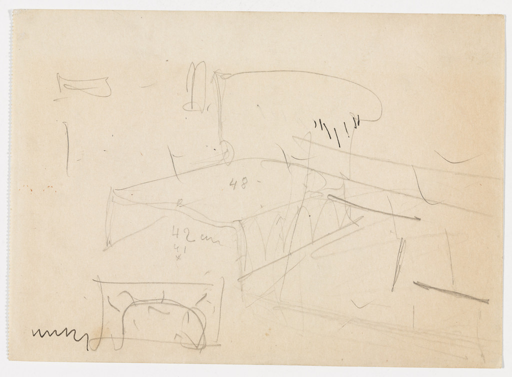 Conchoidal Chair, Perspective sketch. Partial elevation sketch.