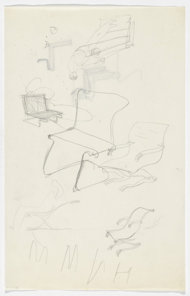 Lounge Chair with and without Arms (recto and verso) (Perspective and elevation sketches)