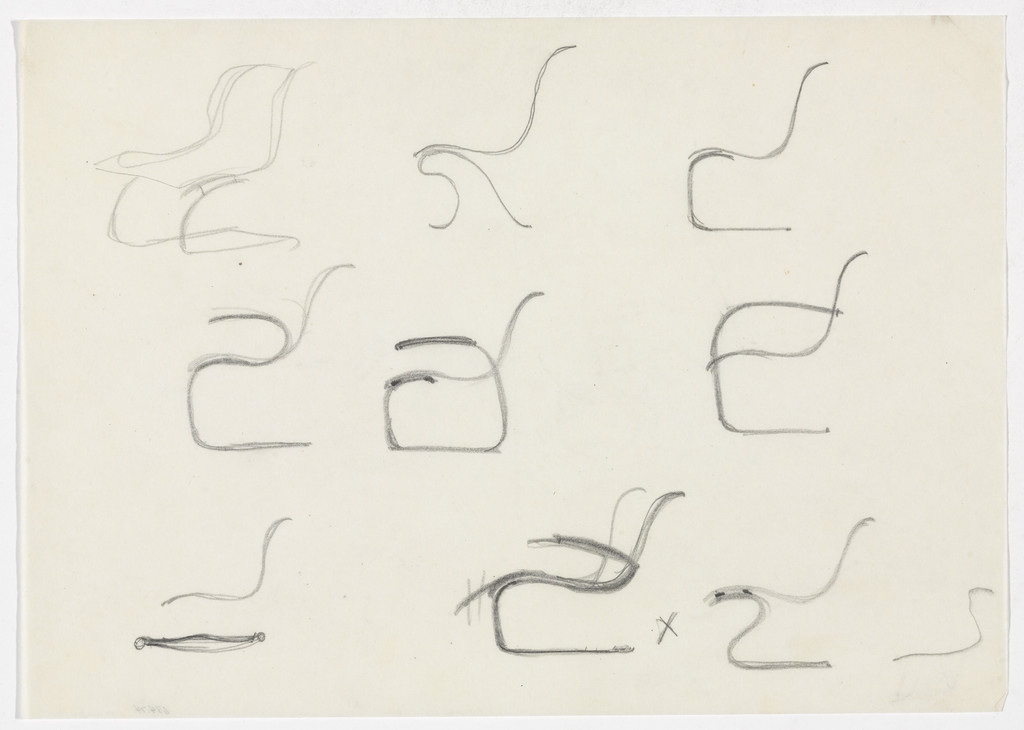 Chair without Arms. Chair with Arms. (Five elevation sketches; one perspective sketch; four elevation sketches)