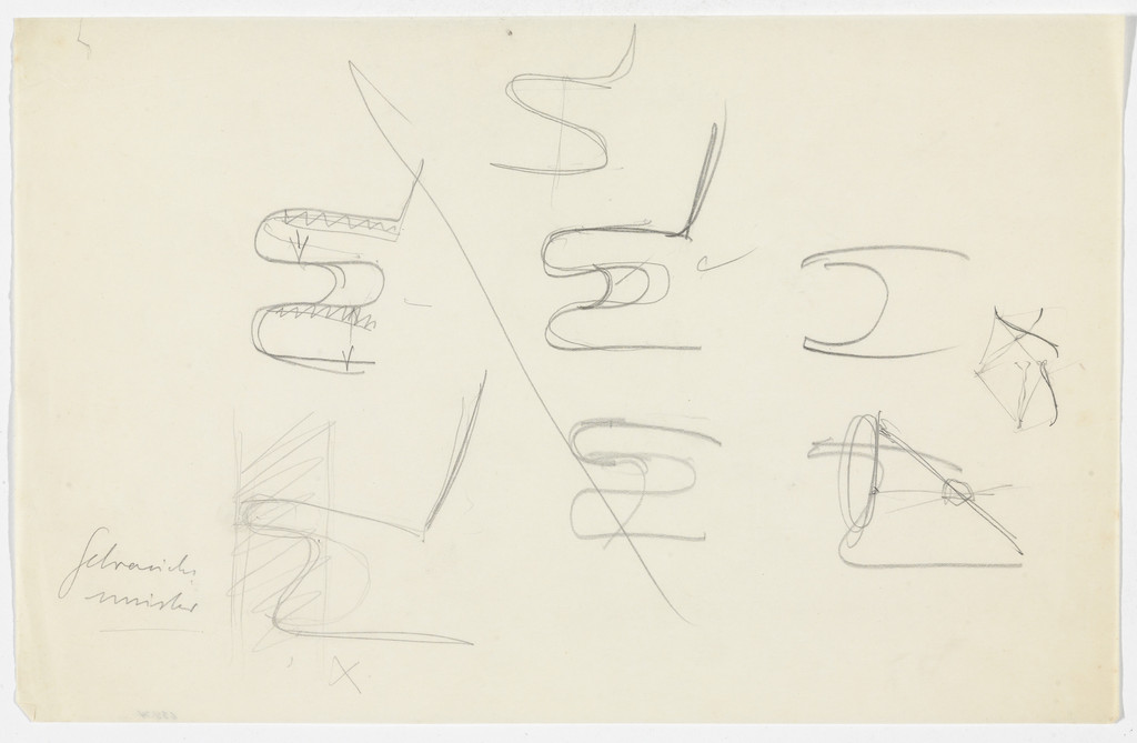 Chair without Arms. Barcelona Stool (or MR60). (Seven elevation sketches. Perspective sketch.)