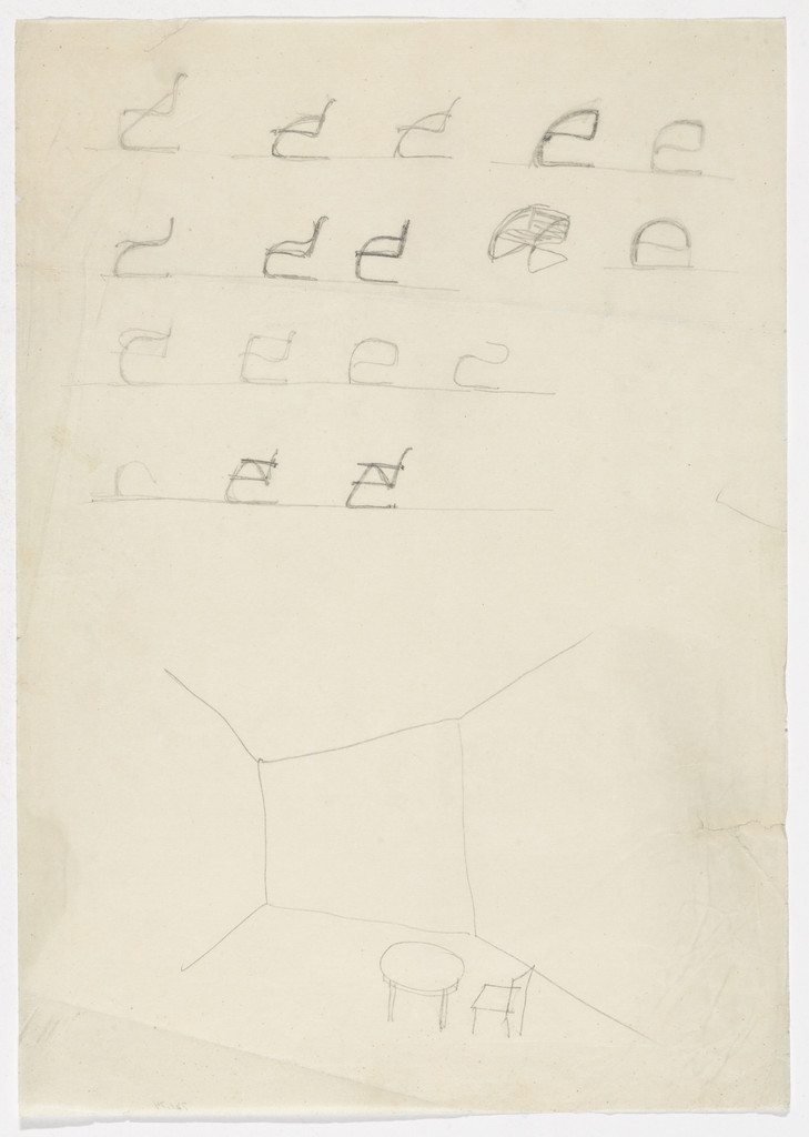 Chair with Arms (Elevation sketches; interior perspective sketch)