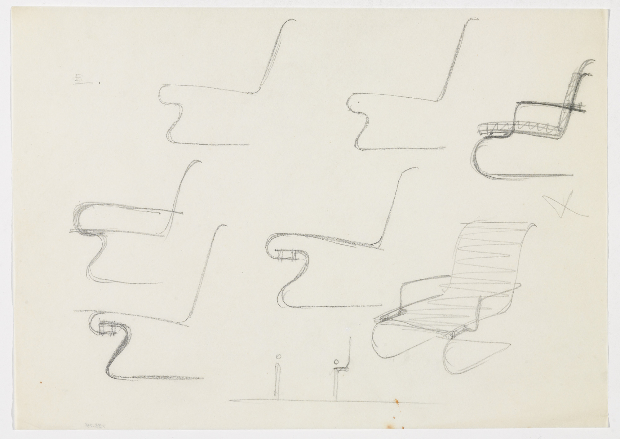Ludwig Mies van der Rohe. Chair with and without Arms (Elevation sketch, perspective sketch)