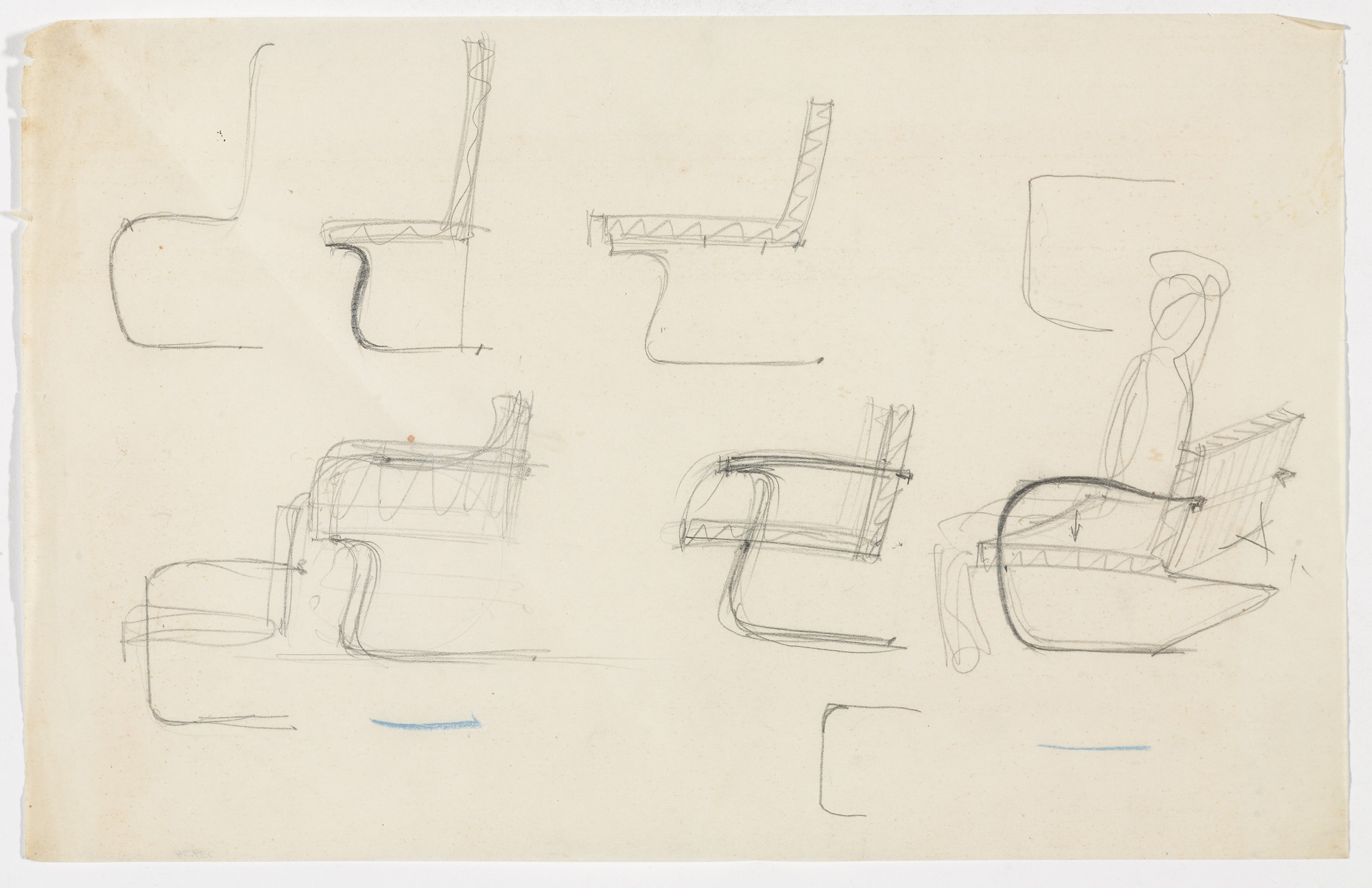 Ludwig Mies van der Rohe. Tugendhat Chair. Brno Chair. Two Chairs with Arms. (Elevation sketches, perspective sketch). c.1930
