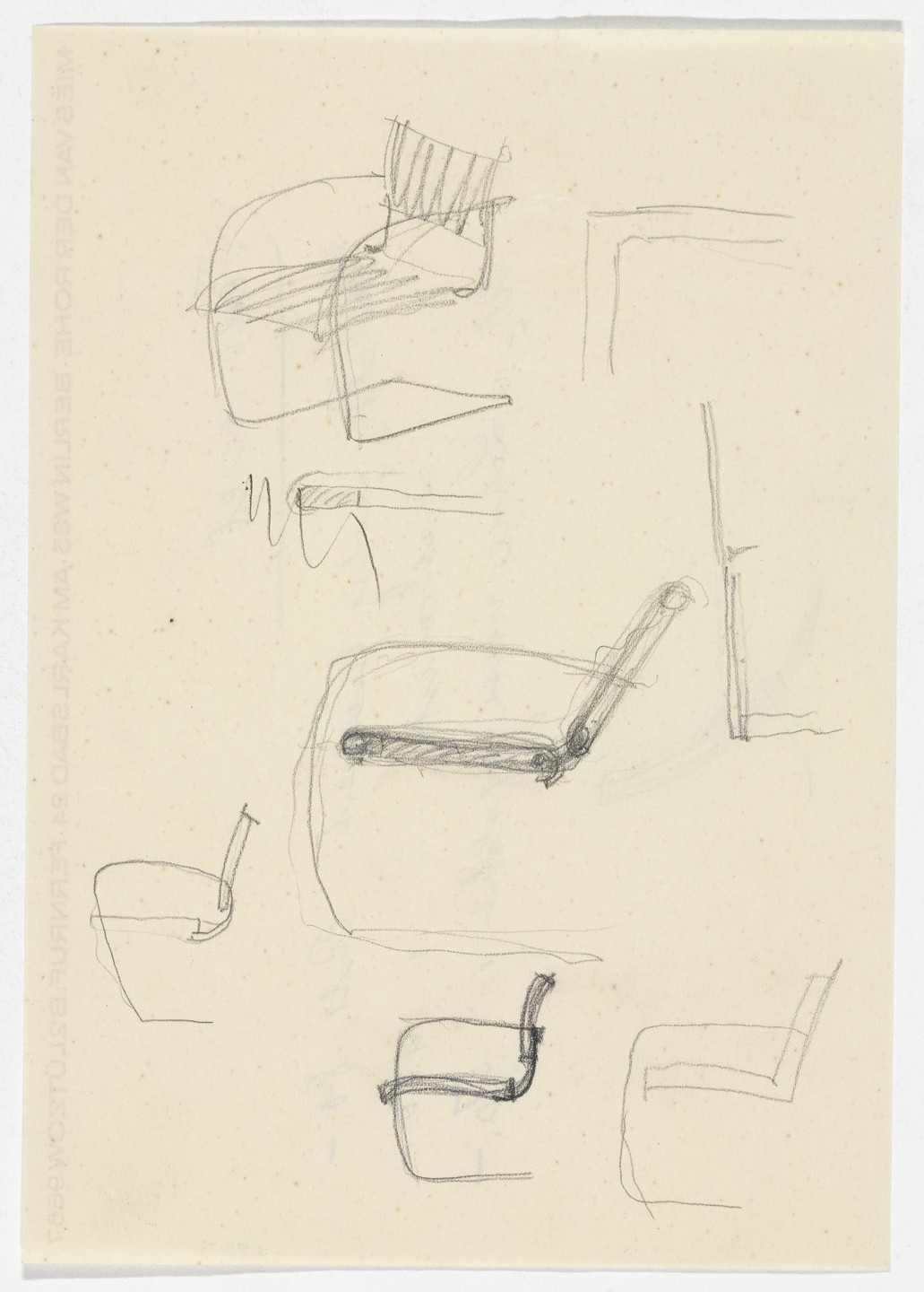 Ludwig Mies van der Rohe. Chair similar to Brno Chair (recto). Barcelona Chair (verso) (Perspective sketch, seven elevation sketches; elevation sketch.). early 1930s