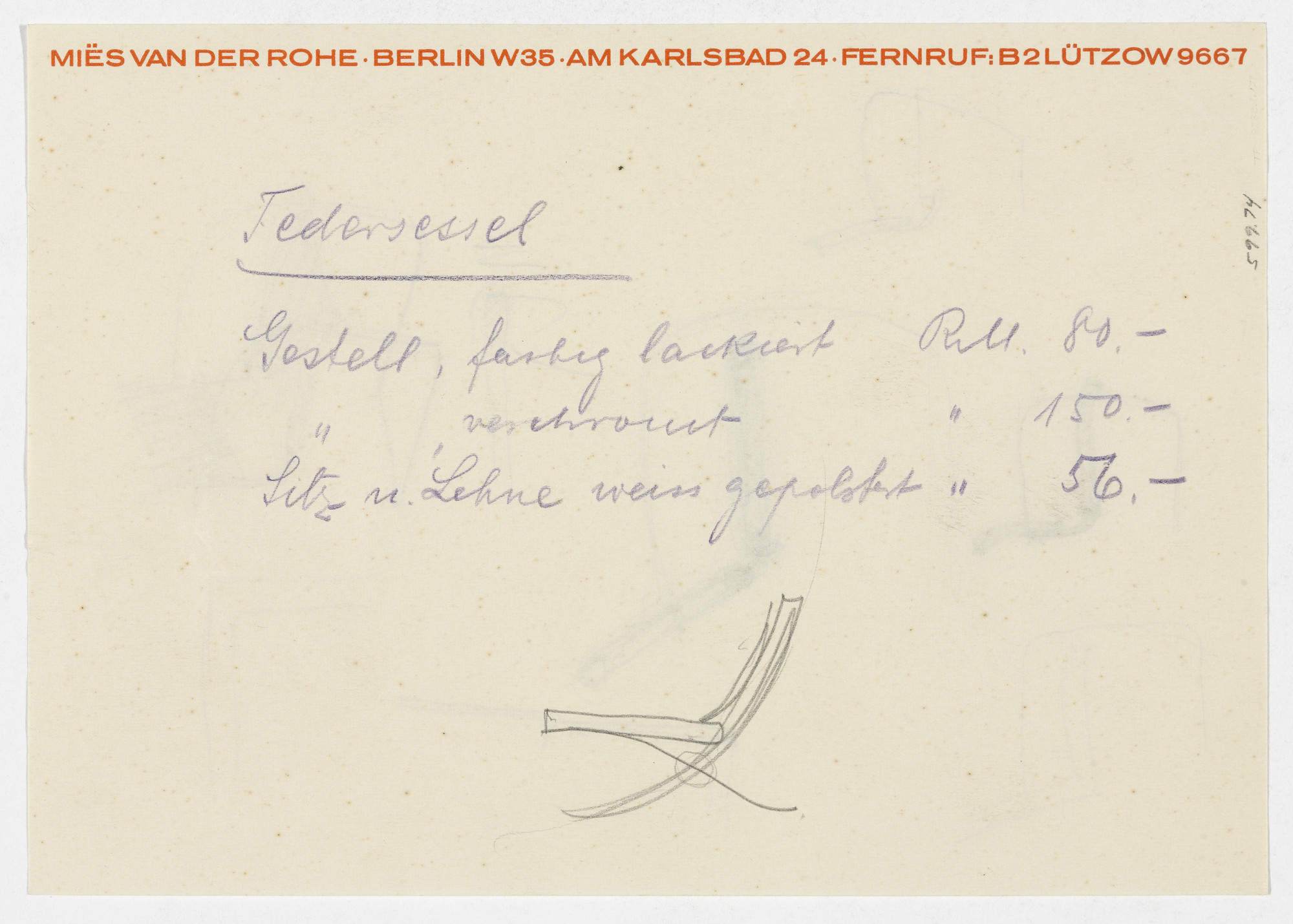 Ludwig Mies van der Rohe. Chair similar to Brno Chair (recto). Barcelona Chair (verso) (Perspective sketch, seven elevation sketches; elevation sketch.). early 1930s